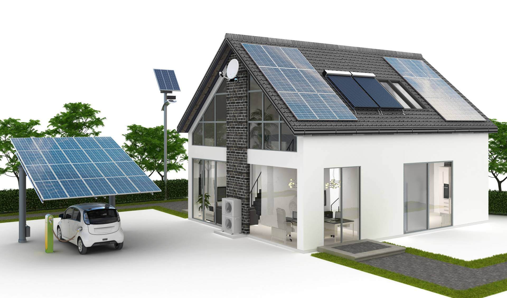 Ein digital gezeichnetes Haus mit einer Solaranlage auf dem Dach