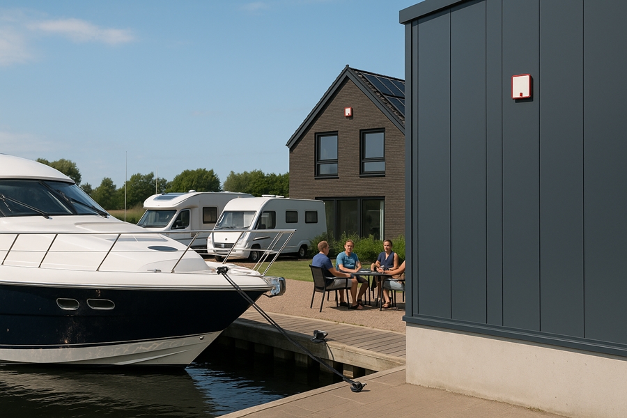 Haus mit Alarmanlage und Boot vor dem Haus