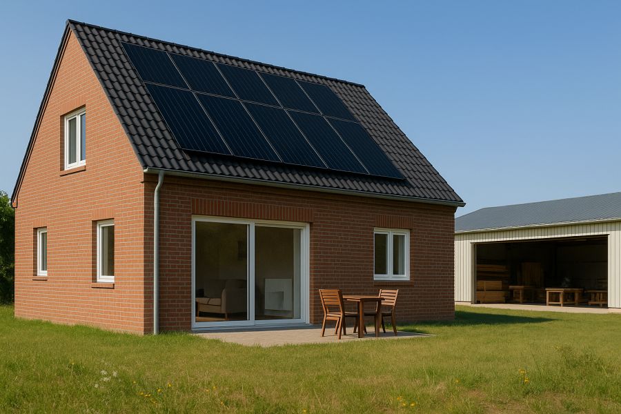 Photovoltaikanlage auf Hausdach in Gewerbegebiet