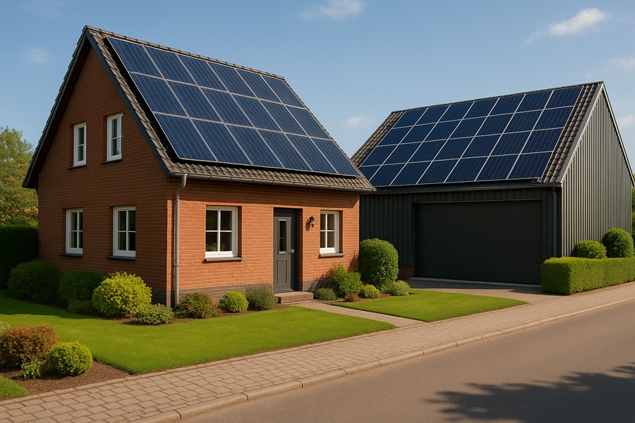 Photovoltaikanlage auf Hausdach in Gewerbegebiet