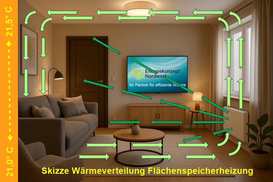 Skizze Wärmeverteilung einer Flächenspeicherheizung im Raum