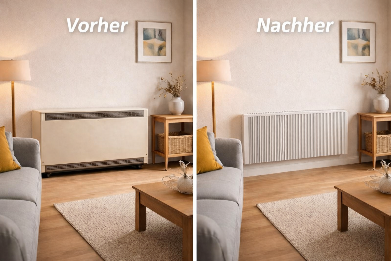 Vorher-Nachher-Vergleich: Austausch einer alten Nachtspeicherheizung gegen eine moderne Flächenspeicherheizung im Wohnraum