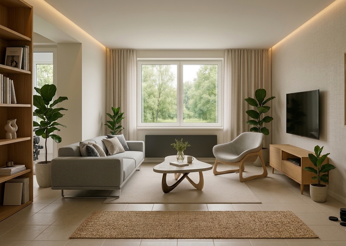Moderne Flächenspeicherheizung mit glatter Front im Wohnraum