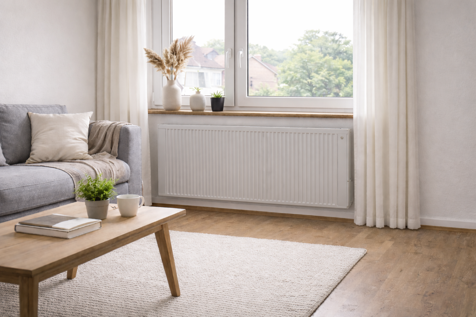 Moderner Wohnraum im Altbau mit Flächenspeicherheizung unter dem Fenster – Lösung ohne Zentralheizung