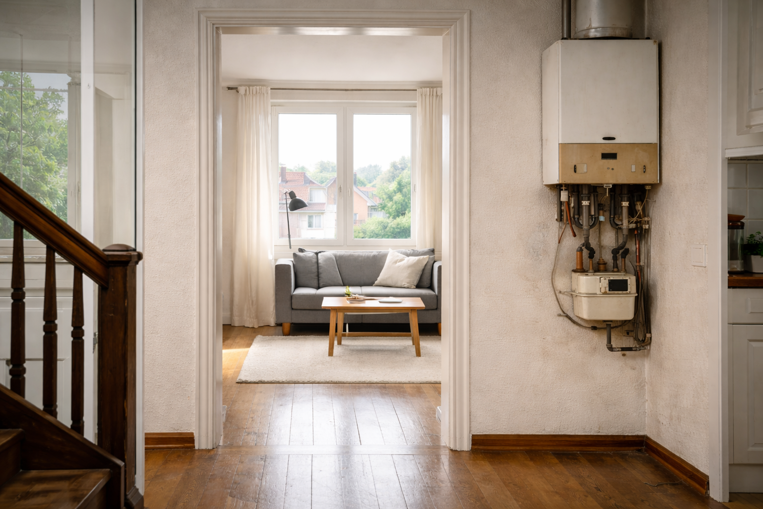 Altbauwohnung mit alter Gasetagenheizung im Flur und modernem Wohnraum im Hintergrund – Beispiel für Austausch ohne Zentralheizung