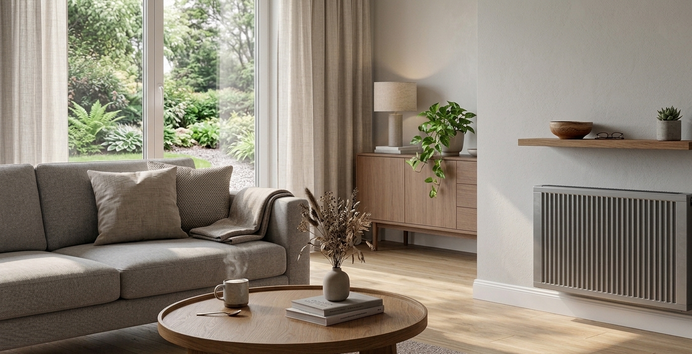 Moderner Wohnraum mit hellgrauer Flächenspeicherheizung an der rechten Wand