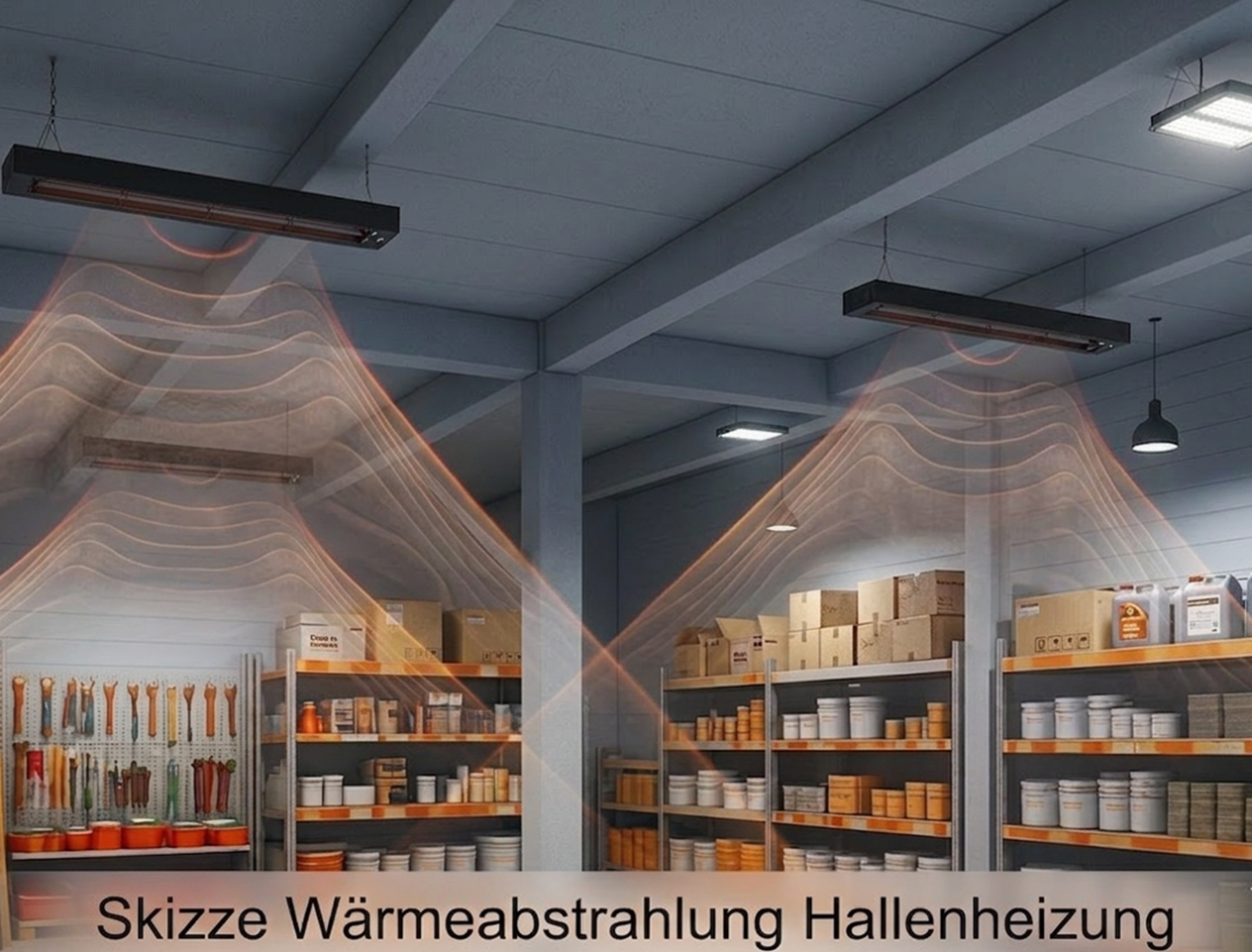 Skizze zur gezielten Wärmeabgabe elektrischer Dunkelstrahler in einer Gewerbehalle