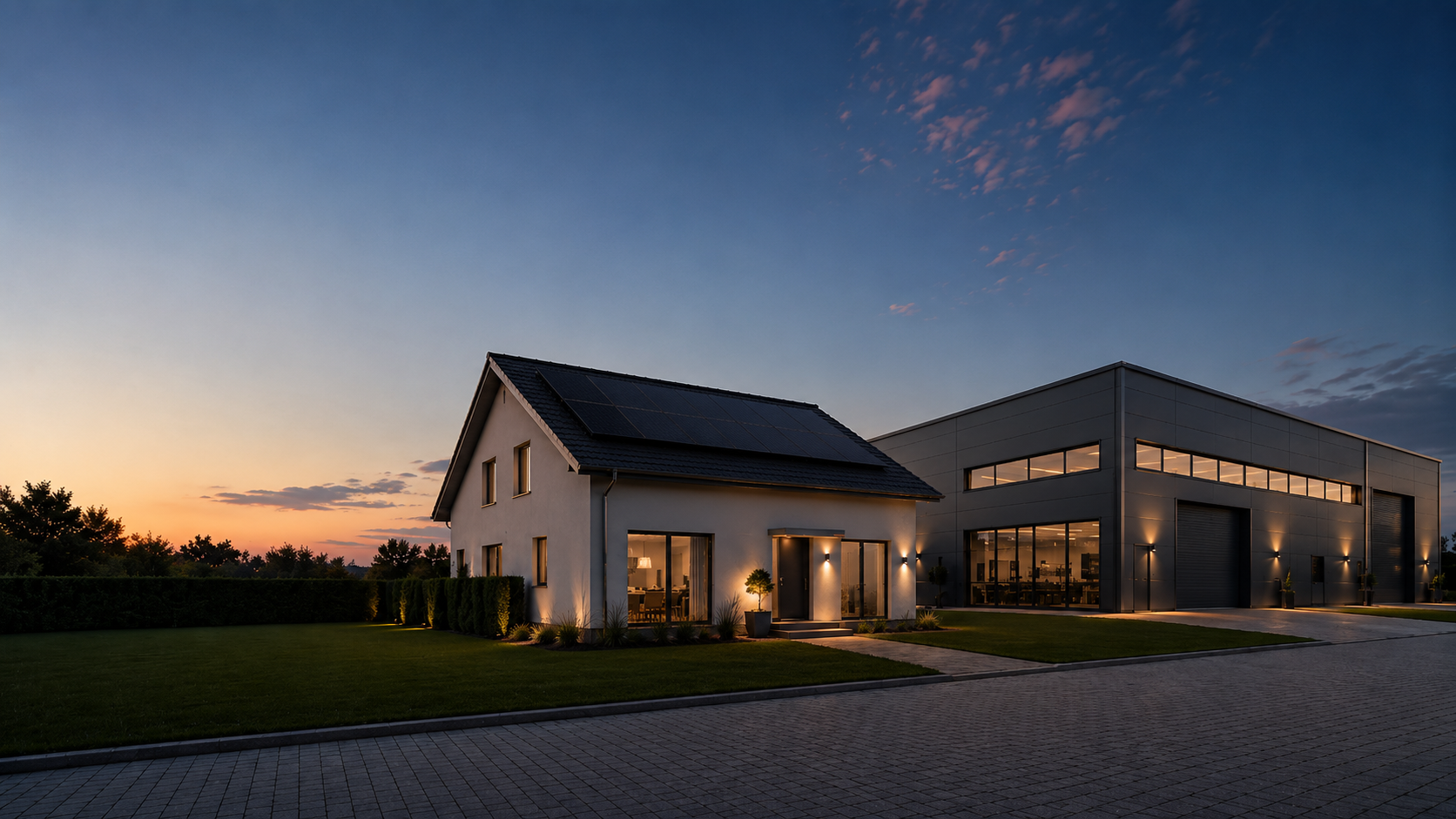 Modernes Wohnhaus mit Photovoltaikanlage neben Gewerbehalle – Energiekonzept Nordwest aus Rhede