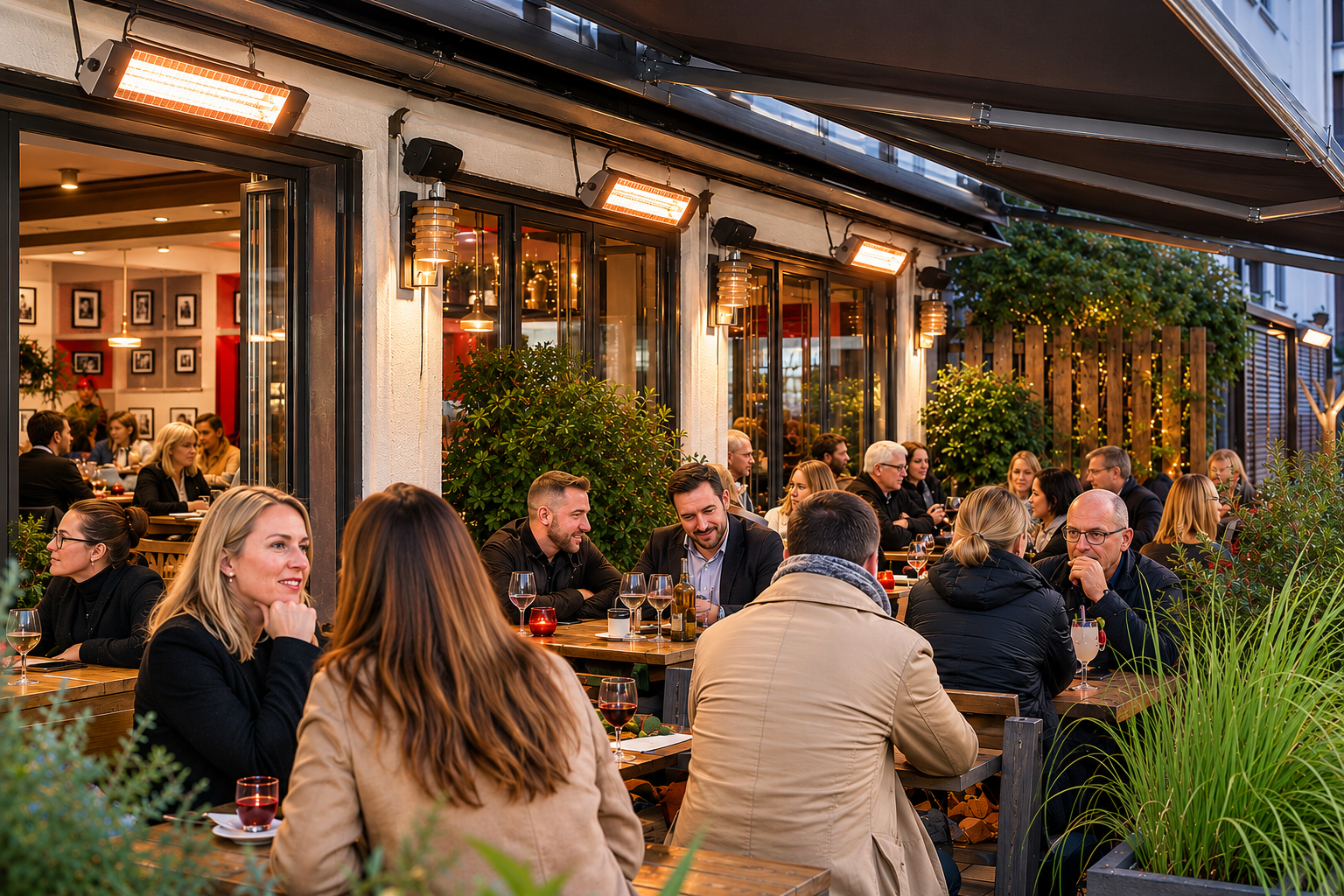 Gastronomie-Terrasse mit elektrischen Hellstrahlern am Abend