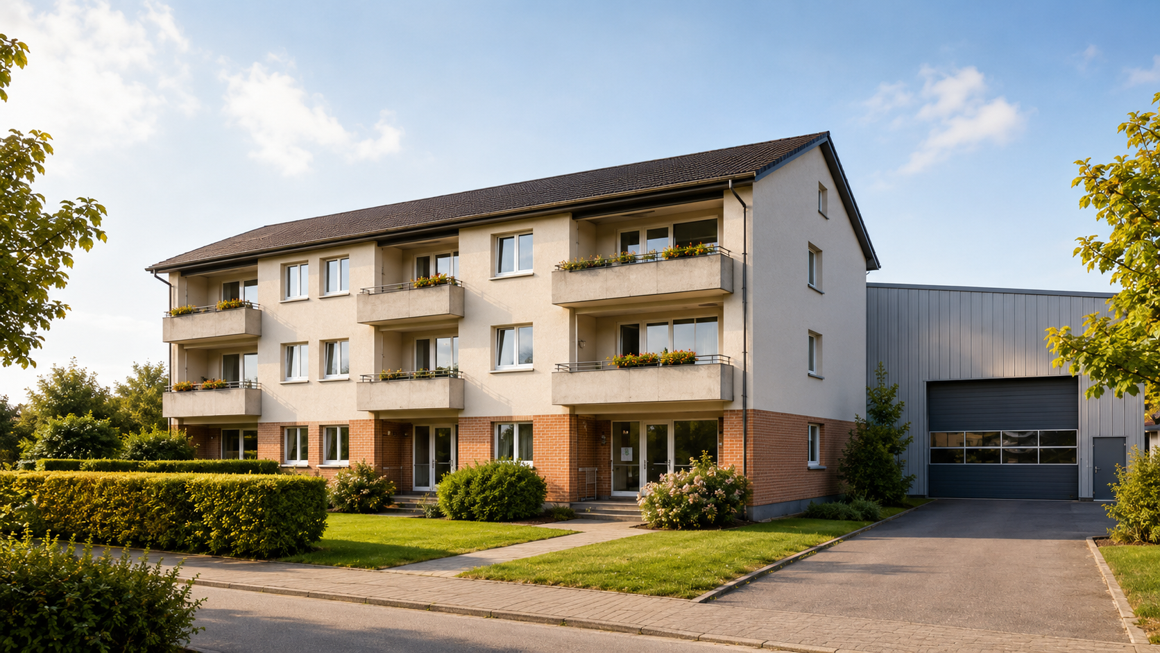 Bestandsgebäude mit Wohnhaus und Gewerbehalle als Symbol für Heizungsmodernisierung, Hallenheizung und Stromkonzeptplanung