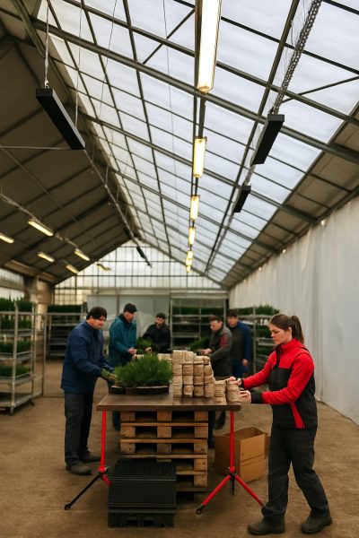 Mitarbeiter in einer Gärtnerei mit Infrarot-Hallenheizung