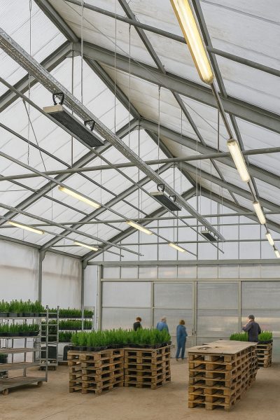 Mitarbeiter in einer Gärtnerei mit Infrarot-Hallenheizung